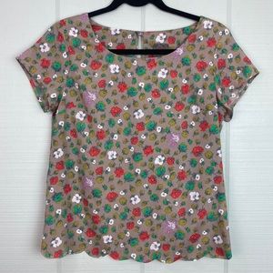 WallpaperHER Multicolored Floral Short Sleeve Top Scalloped Hem Size S